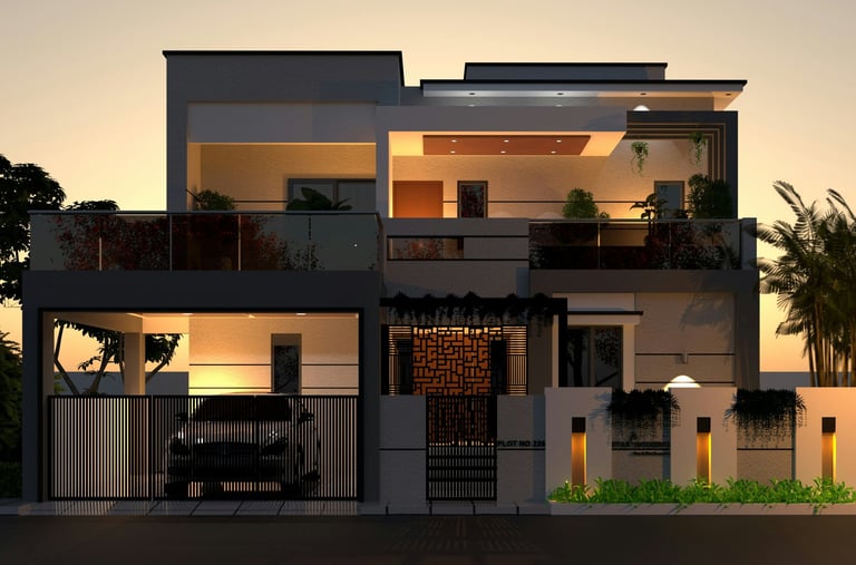 Modern two-story house with gray and white facade, illuminated at dusk, featuring geometric design and ground-level carport